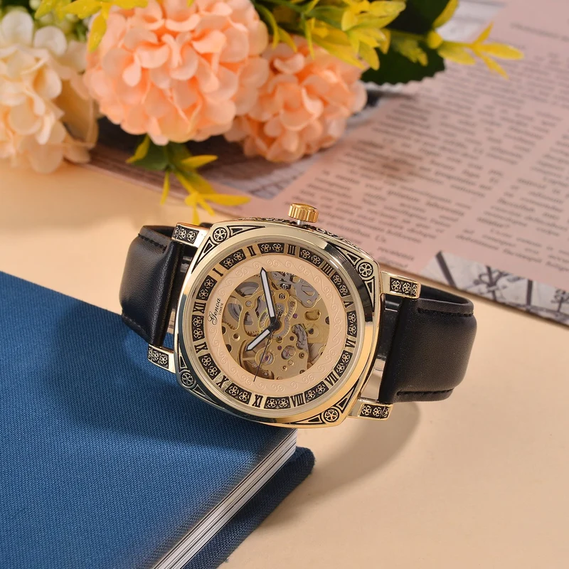 Genoa Time V2 Automatik-Uhr mit Schwarz Oxidiertem Graviertem Gehäuse und Braunem Lederarmband