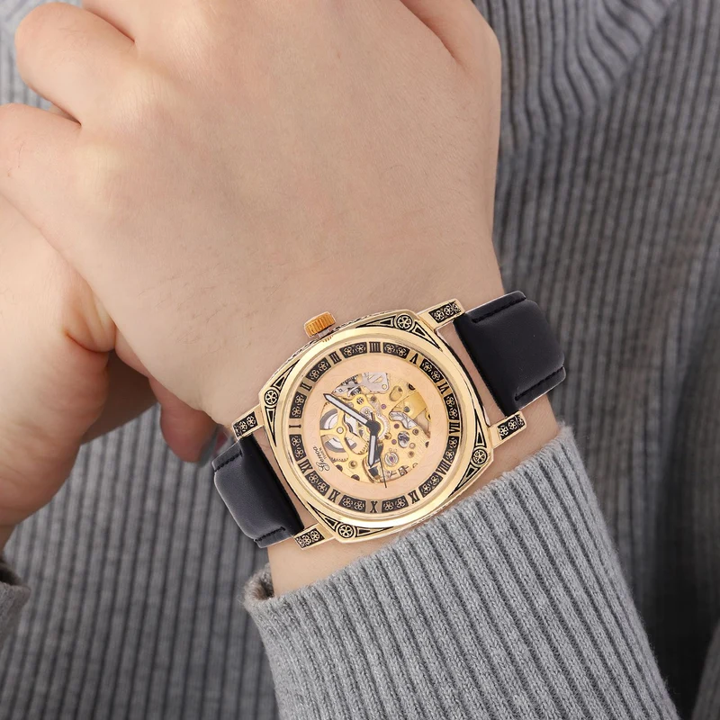 Genoa Time V2 Automatik-Uhr mit Schwarz Oxidiertem Graviertem Gehäuse und Braunem Lederarmband