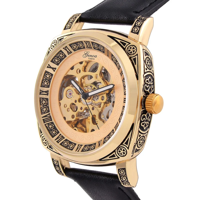 Genoa Time V2 Automatik-Uhr mit Schwarz Oxidiertem Graviertem Gehäuse und Braunem Lederarmband