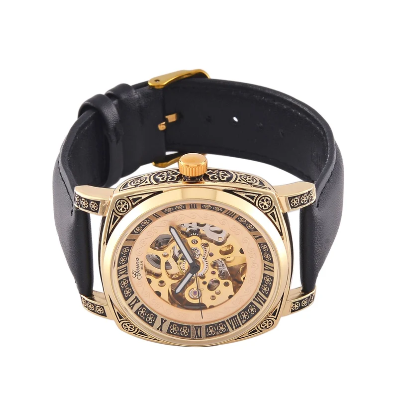 Genoa Time V2 Automatik-Uhr mit Schwarz Oxidiertem Graviertem Gehäuse und Braunem Lederarmband