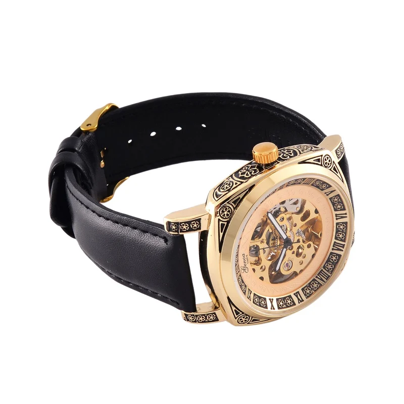 Genoa Time V2 Automatik-Uhr mit Schwarz Oxidiertem Graviertem Gehäuse und Braunem Lederarmband