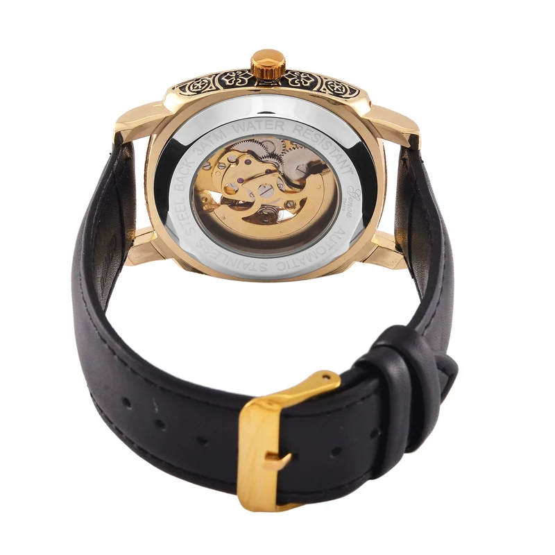 Genoa Time V2 Automatik-Uhr mit Schwarz Oxidiertem Graviertem Gehäuse und Braunem Lederarmband