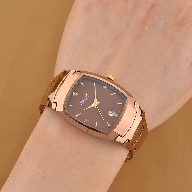 GENOA - Armbanduhr mit Datumsanzeige, Japanische-Uhrwerk mit Weißer Kristall, Wolframstahlgehäuse, Reiner Edeslstahl, bicolor