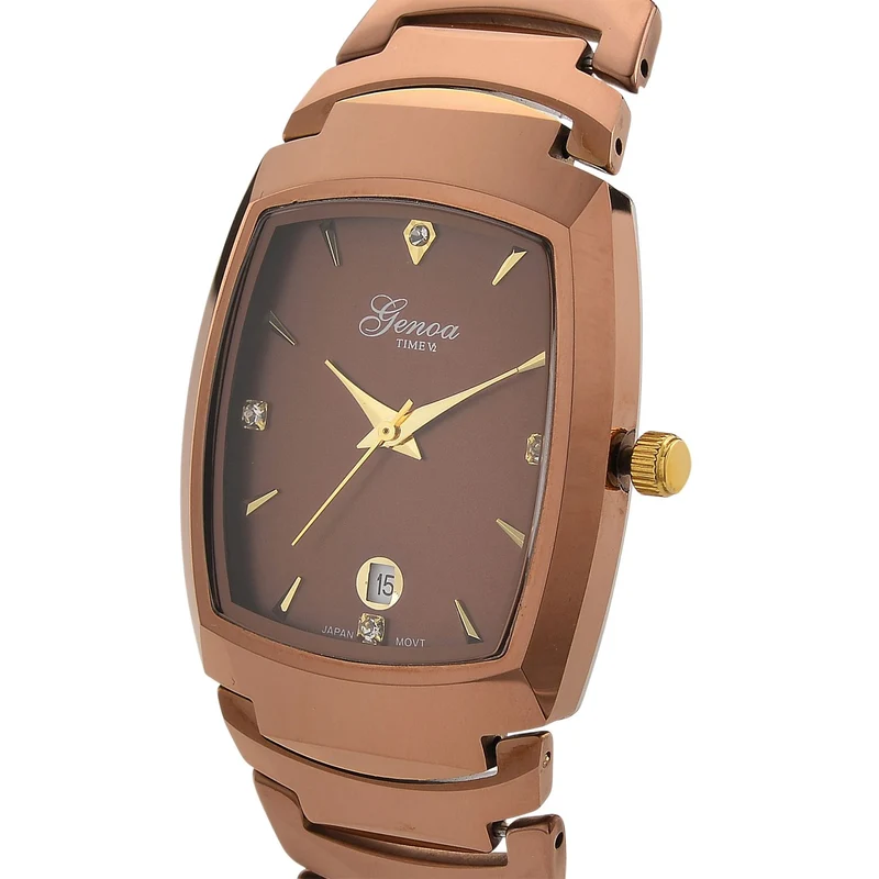 GENOA - Armbanduhr mit Datumsanzeige, Japanische-Uhrwerk mit Weißer Kristall, Wolframstahlgehäuse, Reiner Edeslstahl, bicolor