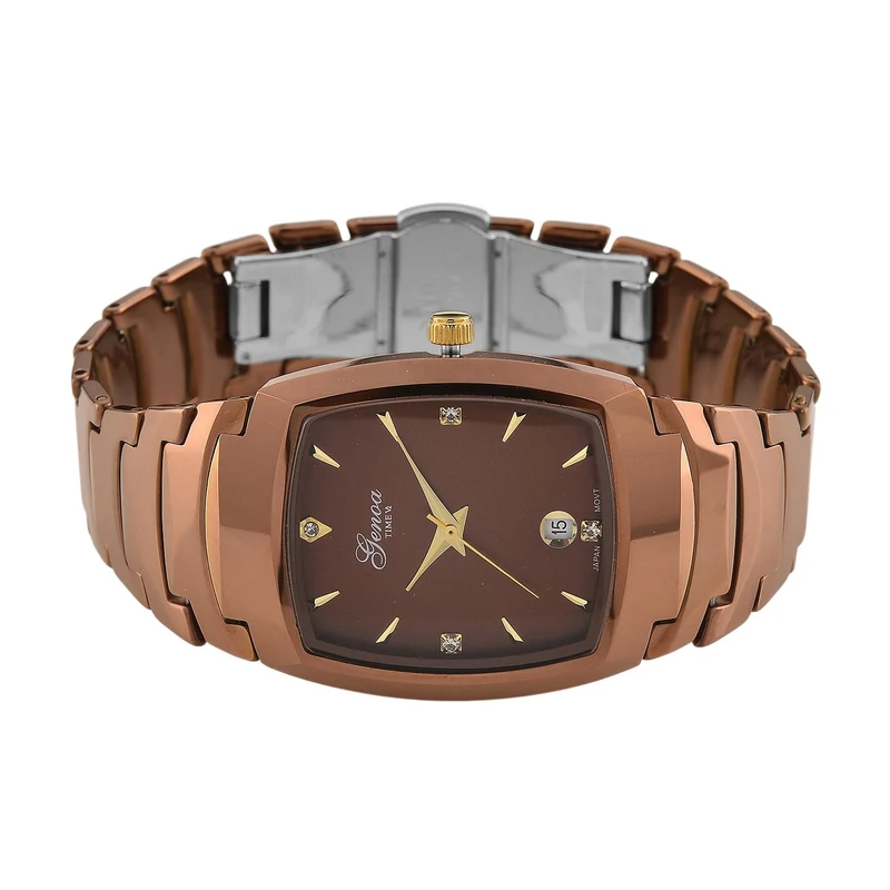 GENOA - Armbanduhr mit Datumsanzeige, Japanische-Uhrwerk mit Weißer Kristall, Wolframstahlgehäuse, Reiner Edeslstahl, bicolor