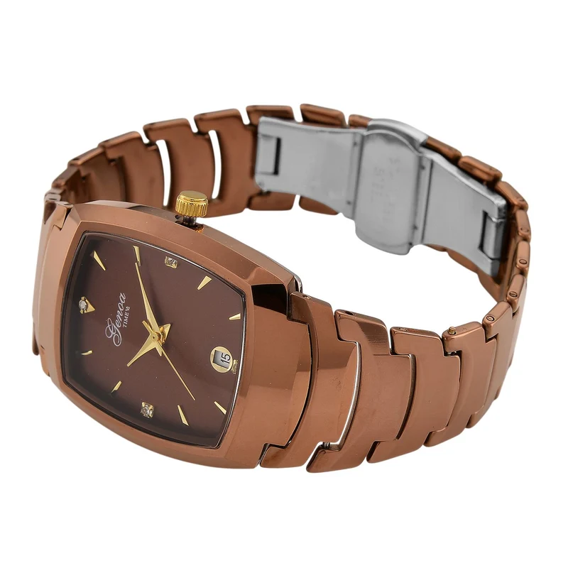 GENOA - Armbanduhr mit Datumsanzeige, Japanische-Uhrwerk mit Weißer Kristall, Wolframstahlgehäuse, Reiner Edeslstahl, bicolor
