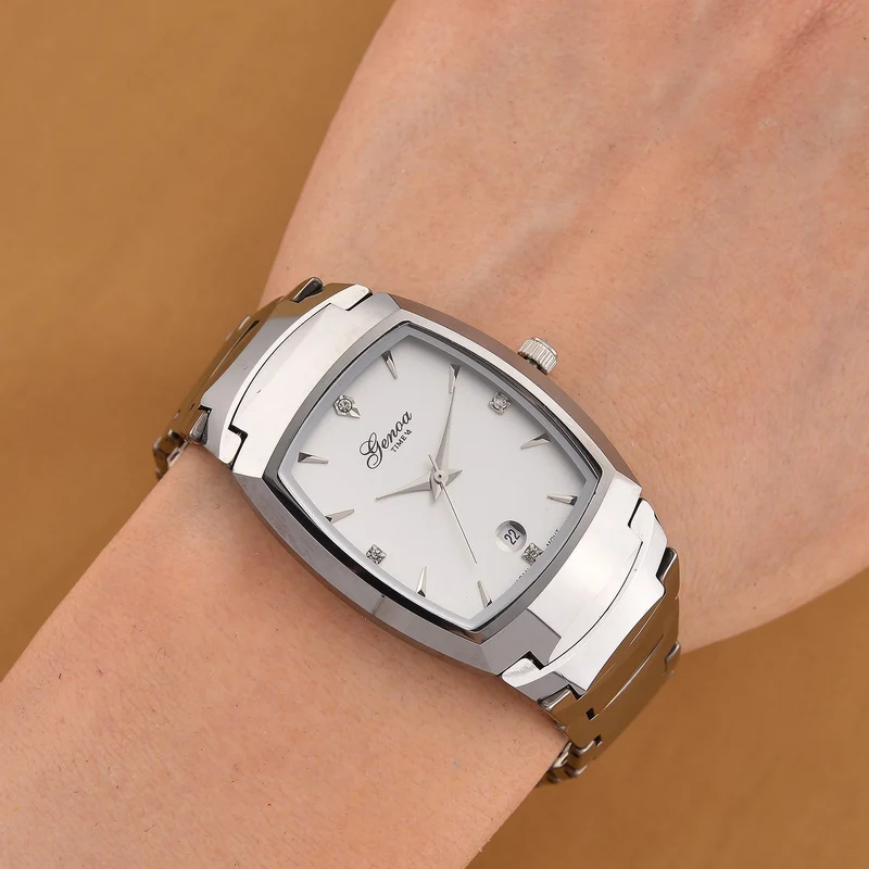 GENOA - Armbanduhr mit Datumsanzeige, Japanische-Uhrwerk mit Weißer Kristall, Wolframstahlgehäuse, Reiner Edeslstahl, bicolor