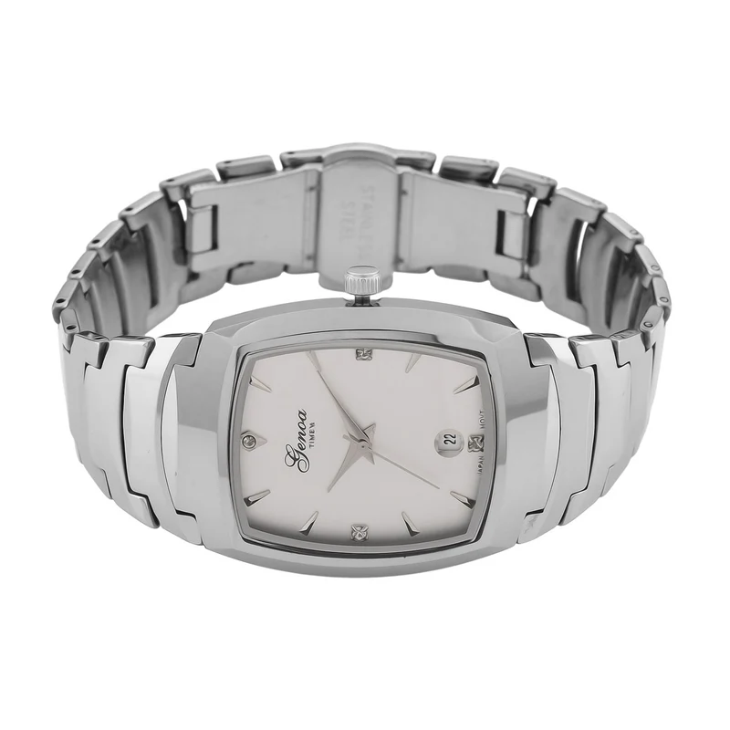 GENOA - Armbanduhr mit Datumsanzeige, Japanische-Uhrwerk mit Weißer Kristall, Wolframstahlgehäuse, Reiner Edeslstahl, bicolor