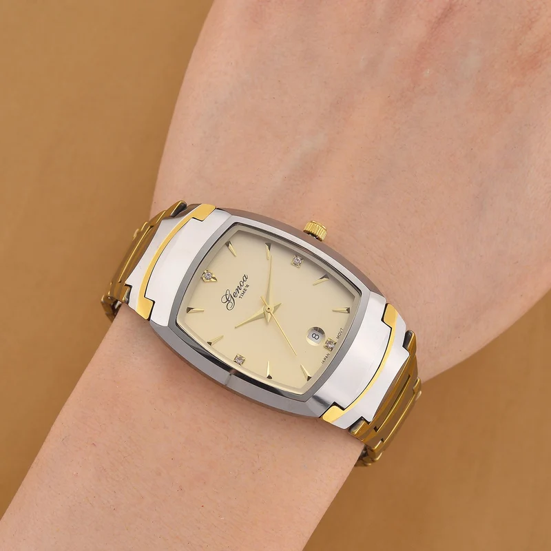GENOA - Armbanduhr mit Datumsanzeige, Japanische-Uhrwerk mit Weißer Kristall, Wolframstahlgehäuse, Reiner Edeslstahl, bicolor
