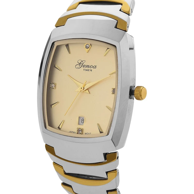 GENOA - Armbanduhr mit Datumsanzeige, Japanische-Uhrwerk mit Weißer Kristall, Wolframstahlgehäuse, Reiner Edeslstahl, bicolor