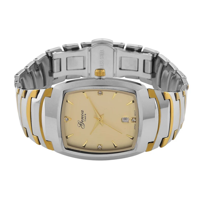 GENOA - Armbanduhr mit Datumsanzeige, Japanische-Uhrwerk mit Weißer Kristall, Wolframstahlgehäuse, Reiner Edeslstahl, bicolor