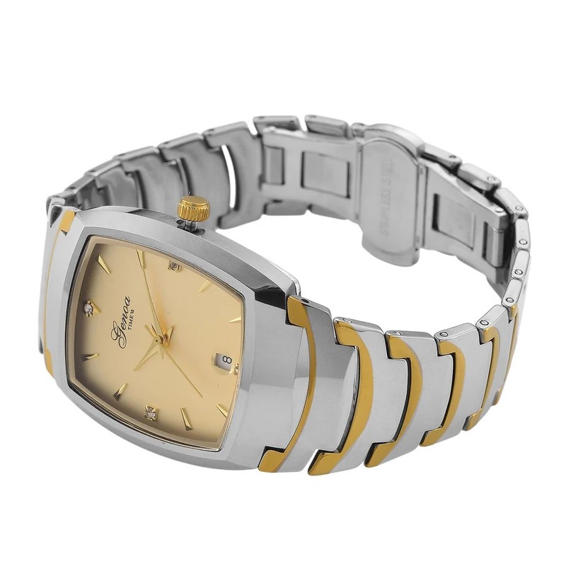 GENOA - Armbanduhr mit Datumsanzeige, Japanische-Uhrwerk mit Weißer Kristall, Wolframstahlgehäuse, Reiner Edeslstahl, bicolor