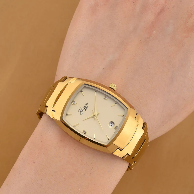 GENOA - Armbanduhr mit Datumsanzeige, Japanische-Uhrwerk mit Weißer Kristall, Wolframstahlgehäuse, Reiner Edeslstahl, bicolor