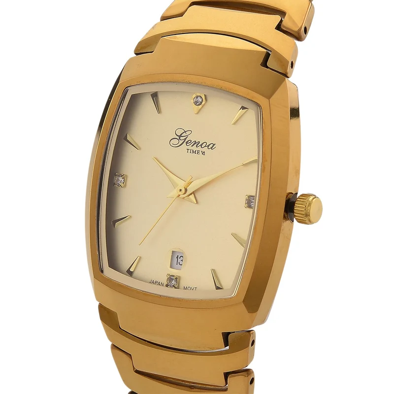 GENOA - Armbanduhr mit Datumsanzeige, Japanische-Uhrwerk mit Weißer Kristall, Wolframstahlgehäuse, Reiner Edeslstahl, bicolor