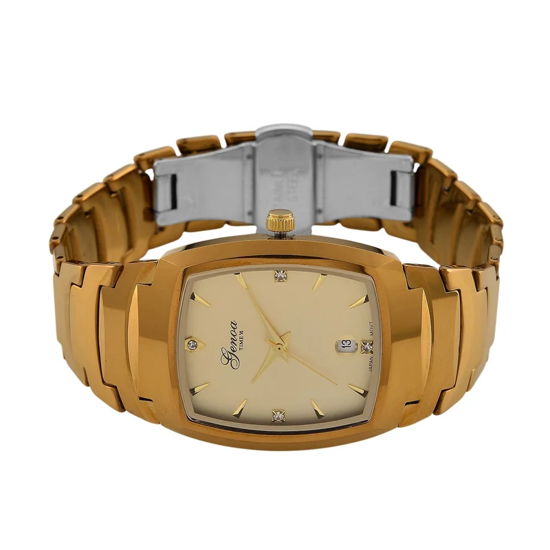 GENOA - Armbanduhr mit Datumsanzeige, Japanische-Uhrwerk mit Weißer Kristall, Wolframstahlgehäuse, Reiner Edeslstahl, bicolor