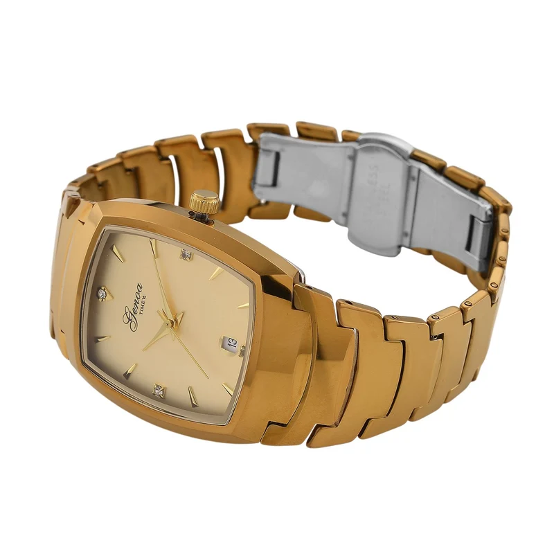 GENOA - Armbanduhr mit Datumsanzeige, Japanische-Uhrwerk mit Weißer Kristall, Wolframstahlgehäuse, Reiner Edeslstahl, bicolor