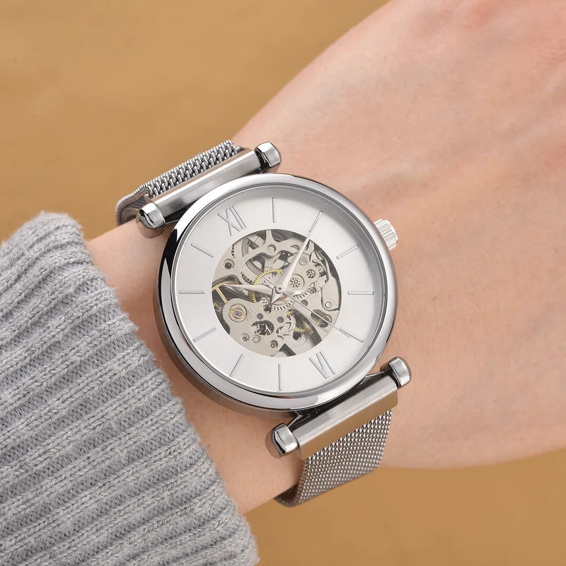 GENOA TIME V2 Automatik-Mechanische Uhr, 37mm, IPG-Beschichtung, Weißes Sonnenschliff-Zifferblatt, Edelstahl-Mesh-Armband mit Magnetverschluss, Edelstahl-Gehäuseboden mit Glas, Wasserdicht, Roséfarben