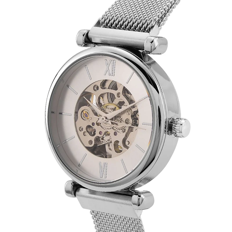 GENOA TIME V2 Automatik-Mechanische Uhr, 37mm, IPG-Beschichtung, Weißes Sonnenschliff-Zifferblatt, Edelstahl-Mesh-Armband mit Magnetverschluss, Edelstahl-Gehäuseboden mit Glas, Wasserdicht, Roséfarben