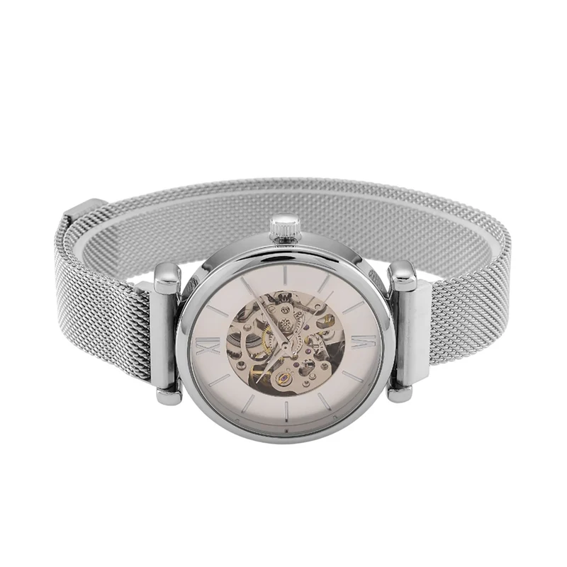 GENOA TIME V2 Automatik-Mechanische Uhr, 37mm, IPG-Beschichtung, Weißes Sonnenschliff-Zifferblatt, Edelstahl-Mesh-Armband mit Magnetverschluss, Edelstahl-Gehäuseboden mit Glas, Wasserdicht, Roséfarben