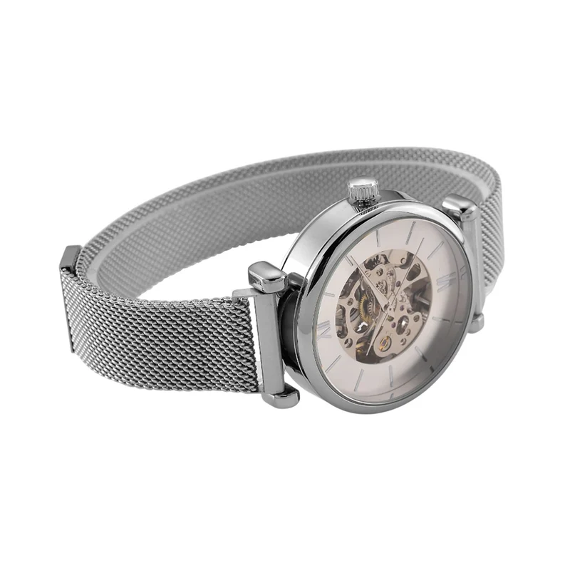 GENOA TIME V2 Automatik-Mechanische Uhr, 37mm, IPG-Beschichtung, Weißes Sonnenschliff-Zifferblatt, Edelstahl-Mesh-Armband mit Magnetverschluss, Edelstahl-Gehäuseboden mit Glas, Wasserdicht, Roséfarben