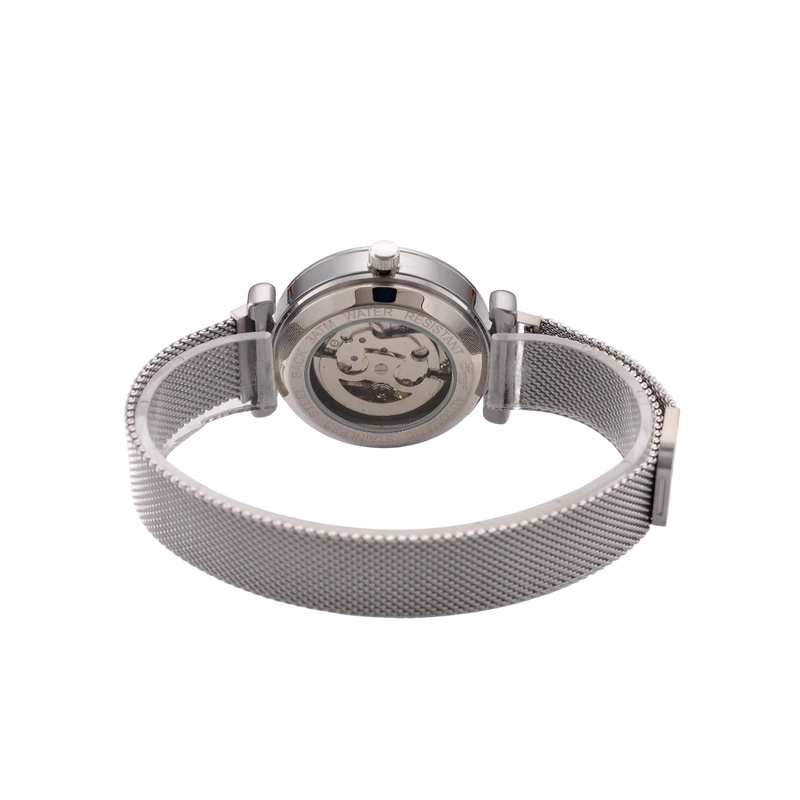 GENOA TIME V2 Automatik-Mechanische Uhr, 37mm, IPG-Beschichtung, Weißes Sonnenschliff-Zifferblatt, Edelstahl-Mesh-Armband mit Magnetverschluss, Edelstahl-Gehäuseboden mit Glas, Wasserdicht, Roséfarben
