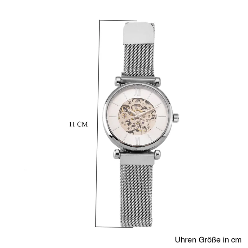 GENOA TIME V2 Automatik-Mechanische Uhr, 37mm, IPG-Beschichtung, Weißes Sonnenschliff-Zifferblatt, Edelstahl-Mesh-Armband mit Magnetverschluss, Edelstahl-Gehäuseboden mit Glas, Wasserdicht, Roséfarben