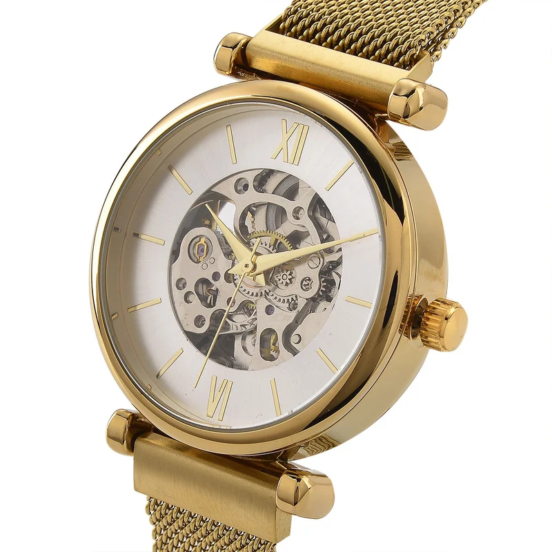 GENOA TIME V2 Automatik-Mechanische Uhr, 37mm, IPG-Beschichtung, Weißes Sonnenschliff-Zifferblatt, Edelstahl-Mesh-Armband mit Magnetverschluss, Edelstahl-Gehäuseboden mit Glas, Wasserdicht, Roséfarben