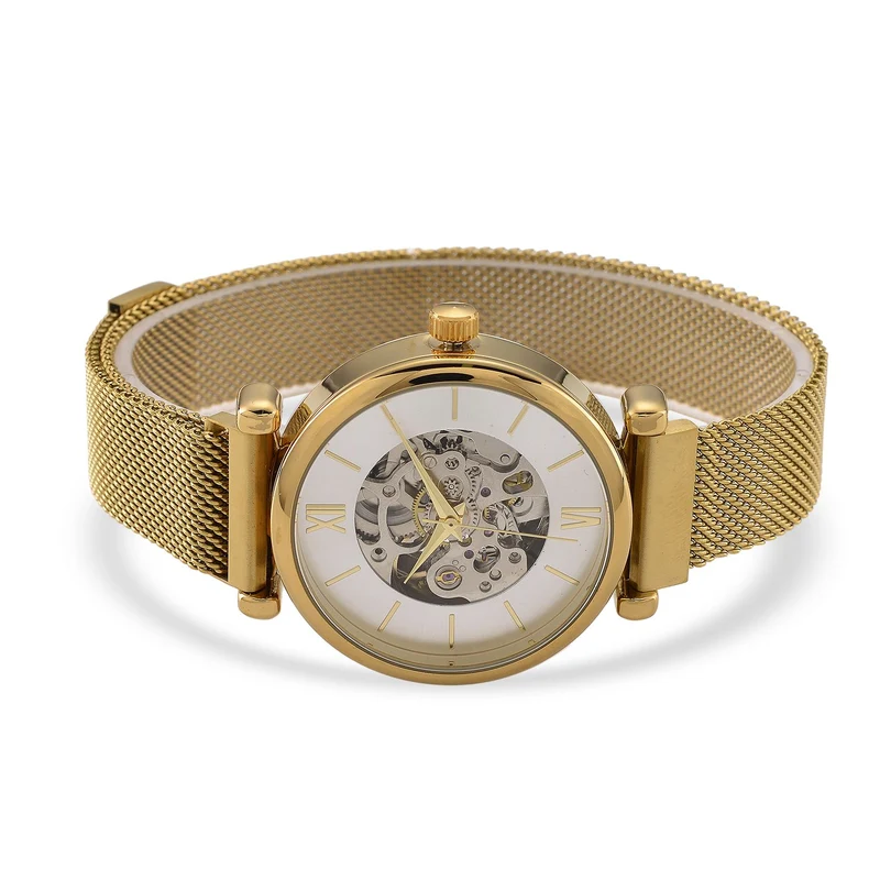 GENOA TIME V2 Automatik-Mechanische Uhr, 37mm, IPG-Beschichtung, Weißes Sonnenschliff-Zifferblatt, Edelstahl-Mesh-Armband mit Magnetverschluss, Edelstahl-Gehäuseboden mit Glas, Wasserdicht, Roséfarben