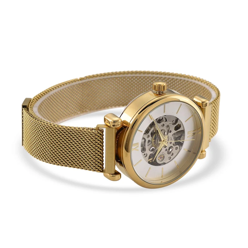 GENOA TIME V2 Automatik-Mechanische Uhr, 37mm, IPG-Beschichtung, Weißes Sonnenschliff-Zifferblatt, Edelstahl-Mesh-Armband mit Magnetverschluss, Edelstahl-Gehäuseboden mit Glas, Wasserdicht, Roséfarben