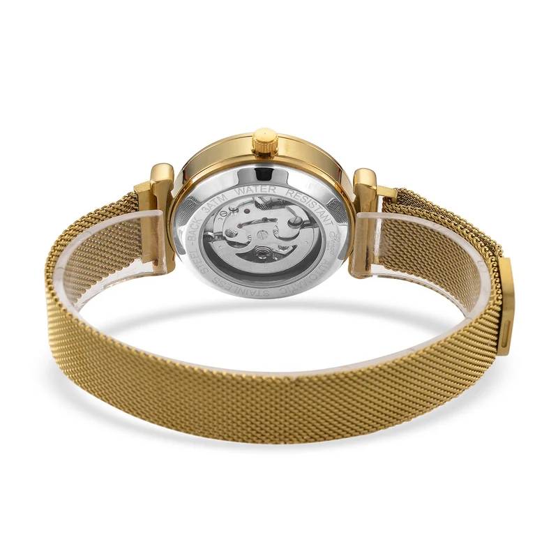 GENOA TIME V2 Automatik-Mechanische Uhr, 37mm, IPG-Beschichtung, Weißes Sonnenschliff-Zifferblatt, Edelstahl-Mesh-Armband mit Magnetverschluss, Edelstahl-Gehäuseboden mit Glas, Wasserdicht, Roséfarben