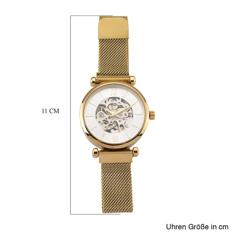 GENOA TIME V2 Automatik-Mechanische Uhr, 37mm, IPG-Beschichtung, Weißes Sonnenschliff-Zifferblatt, Edelstahl-Mesh-Armband mit Magnetverschluss, Edelstahl-Gehäuseboden mit Glas, Wasserdicht, Roséfarben
