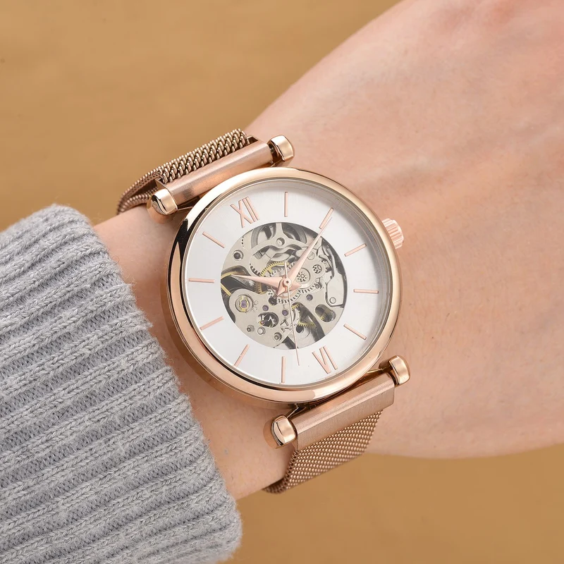 GENOA TIME V2 Automatik-Mechanische Uhr, 37mm, IPG-Beschichtung, Weißes Sonnenschliff-Zifferblatt, Edelstahl-Mesh-Armband mit Magnetverschluss, Edelstahl-Gehäuseboden mit Glas, Wasserdicht, Roséfarben