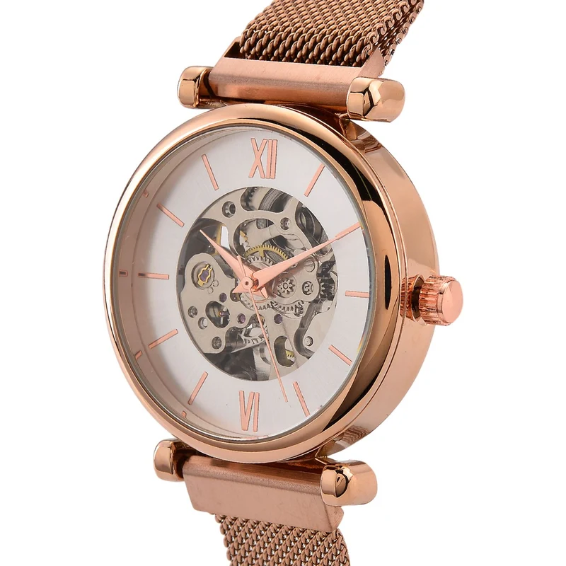 GENOA TIME V2 Automatik-Mechanische Uhr, 37mm, IPG-Beschichtung, Weißes Sonnenschliff-Zifferblatt, Edelstahl-Mesh-Armband mit Magnetverschluss, Edelstahl-Gehäuseboden mit Glas, Wasserdicht, Roséfarben