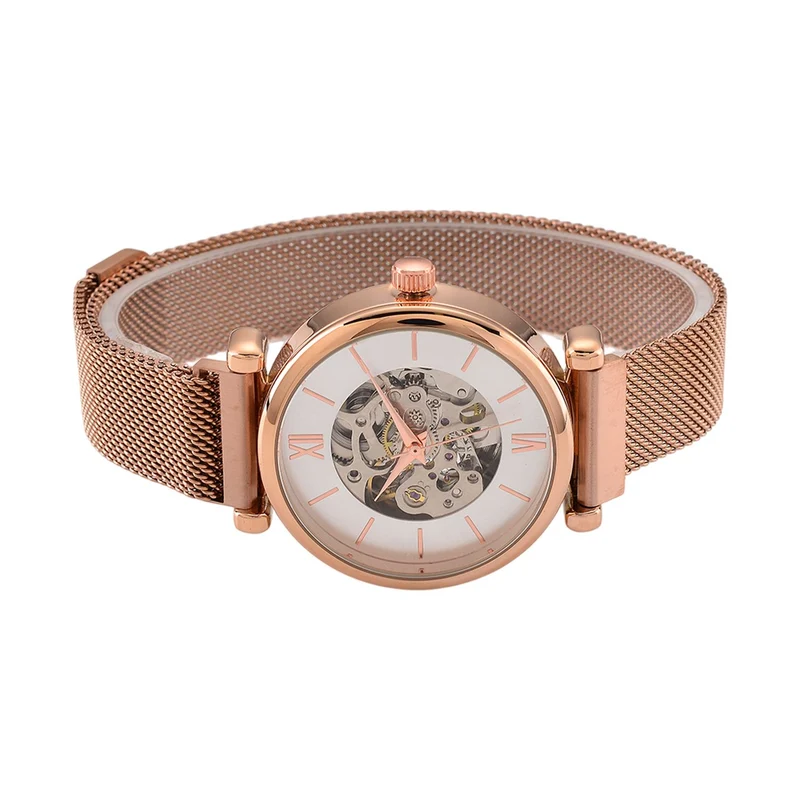 GENOA TIME V2 Automatik-Mechanische Uhr, 37mm, IPG-Beschichtung, Weißes Sonnenschliff-Zifferblatt, Edelstahl-Mesh-Armband mit Magnetverschluss, Edelstahl-Gehäuseboden mit Glas, Wasserdicht, Roséfarben
