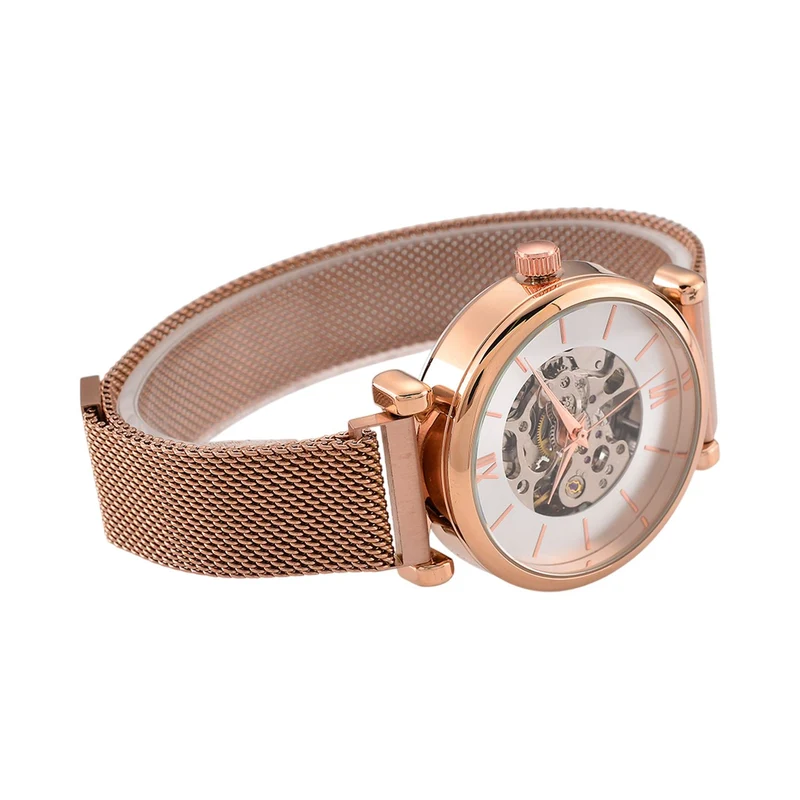 GENOA TIME V2 Automatik-Mechanische Uhr, 37mm, IPG-Beschichtung, Weißes Sonnenschliff-Zifferblatt, Edelstahl-Mesh-Armband mit Magnetverschluss, Edelstahl-Gehäuseboden mit Glas, Wasserdicht, Roséfarben