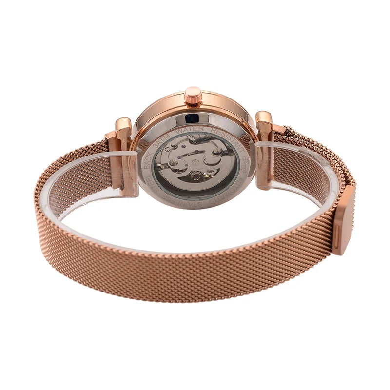 GENOA TIME V2 Automatik-Mechanische Uhr, 37mm, IPG-Beschichtung, Weißes Sonnenschliff-Zifferblatt, Edelstahl-Mesh-Armband mit Magnetverschluss, Edelstahl-Gehäuseboden mit Glas, Wasserdicht, Roséfarben