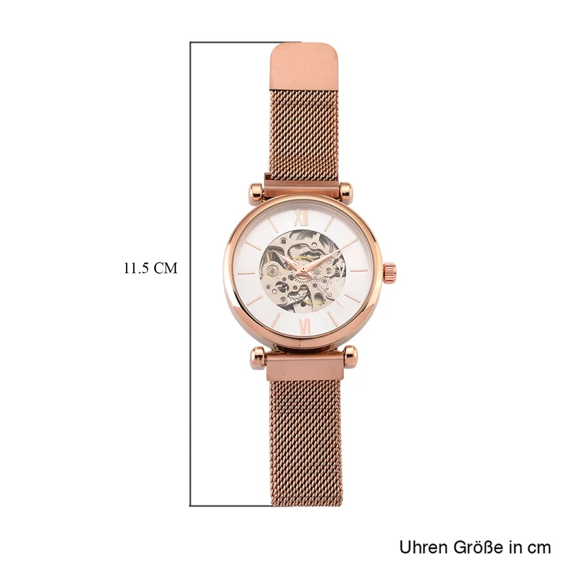 GENOA TIME V2 Automatik-Mechanische Uhr, 37mm, IPG-Beschichtung, Weißes Sonnenschliff-Zifferblatt, Edelstahl-Mesh-Armband mit Magnetverschluss, Edelstahl-Gehäuseboden mit Glas, Wasserdicht, Roséfarben
