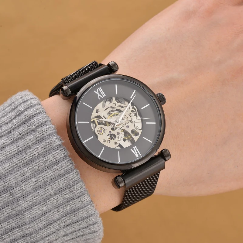 GENOA TIME V2 Automatik-Mechanische Uhr, 37mm, IPG-Beschichtung, Weißes Sonnenschliff-Zifferblatt, Edelstahl-Mesh-Armband mit Magnetverschluss, Edelstahl-Gehäuseboden mit Glas, Wasserdicht, Roséfarben