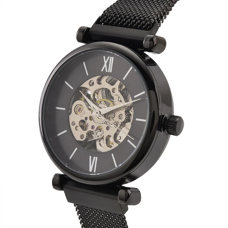 GENOA TIME V2 Automatik-Mechanische Uhr, 37mm, IPG-Beschichtung, Weißes Sonnenschliff-Zifferblatt, Edelstahl-Mesh-Armband mit Magnetverschluss, Edelstahl-Gehäuseboden mit Glas, Wasserdicht, Roséfarben