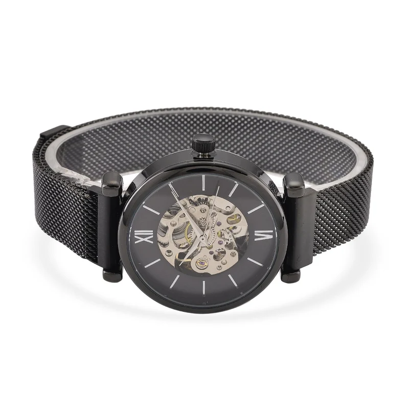GENOA TIME V2 Automatik-Mechanische Uhr, 37mm, IPG-Beschichtung, Weißes Sonnenschliff-Zifferblatt, Edelstahl-Mesh-Armband mit Magnetverschluss, Edelstahl-Gehäuseboden mit Glas, Wasserdicht, Roséfarben