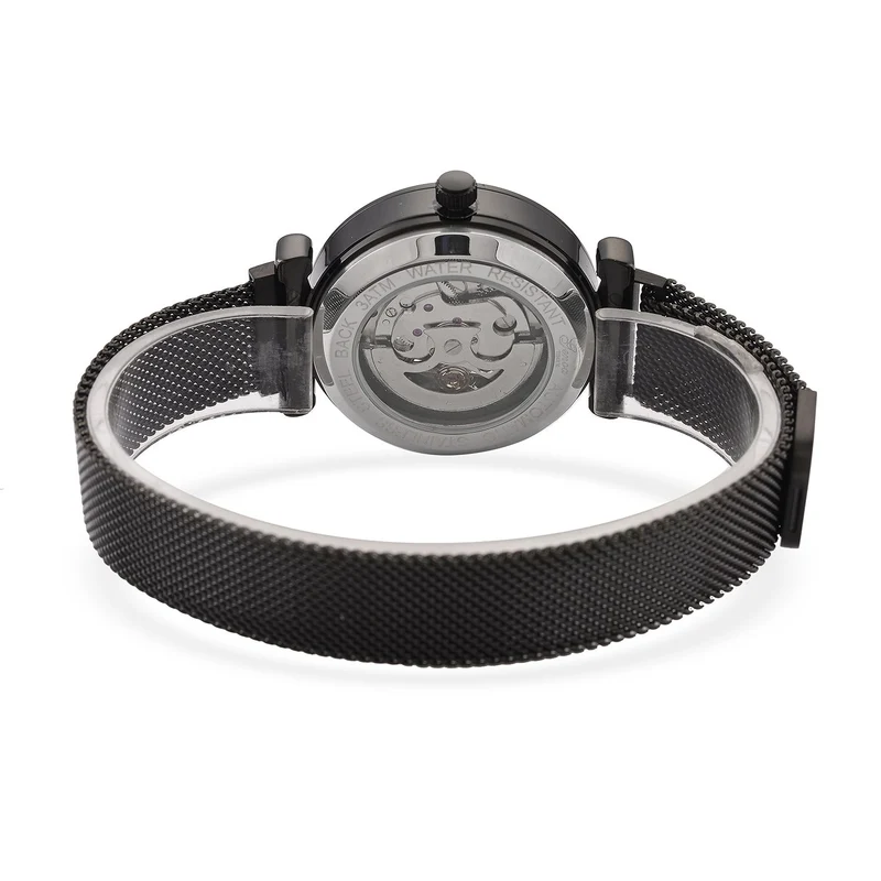 GENOA TIME V2 Automatik-Mechanische Uhr, 37mm, IPG-Beschichtung, Weißes Sonnenschliff-Zifferblatt, Edelstahl-Mesh-Armband mit Magnetverschluss, Edelstahl-Gehäuseboden mit Glas, Wasserdicht, Roséfarben