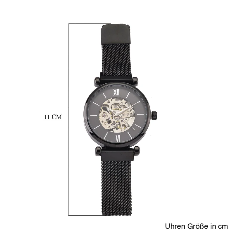 GENOA TIME V2 Automatik-Mechanische Uhr, 37mm, IPG-Beschichtung, Weißes Sonnenschliff-Zifferblatt, Edelstahl-Mesh-Armband mit Magnetverschluss, Edelstahl-Gehäuseboden mit Glas, Wasserdicht, Roséfarben