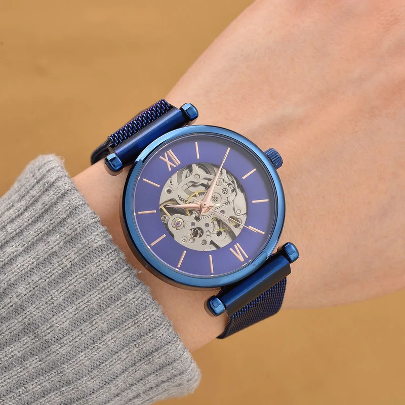 GENOA TIME V2 Automatik-Mechanische Uhr, 37mm, IPG-Beschichtung, Weißes Sonnenschliff-Zifferblatt, Edelstahl-Mesh-Armband mit Magnetverschluss, Edelstahl-Gehäuseboden mit Glas, Wasserdicht, Roséfarben