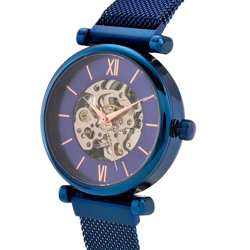 GENOA TIME V2 Automatik-Mechanische Uhr, 37mm, IPG-Beschichtung, Weißes Sonnenschliff-Zifferblatt, Edelstahl-Mesh-Armband mit Magnetverschluss, Edelstahl-Gehäuseboden mit Glas, Wasserdicht, Roséfarben