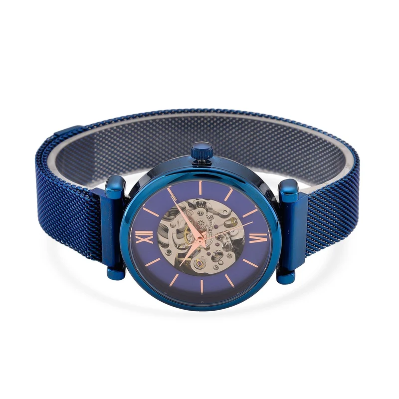 GENOA TIME V2 Automatik-Mechanische Uhr, 37mm, IPG-Beschichtung, Weißes Sonnenschliff-Zifferblatt, Edelstahl-Mesh-Armband mit Magnetverschluss, Edelstahl-Gehäuseboden mit Glas, Wasserdicht, Roséfarben