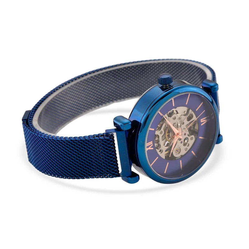 GENOA TIME V2 Automatik-Mechanische Uhr, 37mm, IPG-Beschichtung, Weißes Sonnenschliff-Zifferblatt, Edelstahl-Mesh-Armband mit Magnetverschluss, Edelstahl-Gehäuseboden mit Glas, Wasserdicht, Roséfarben