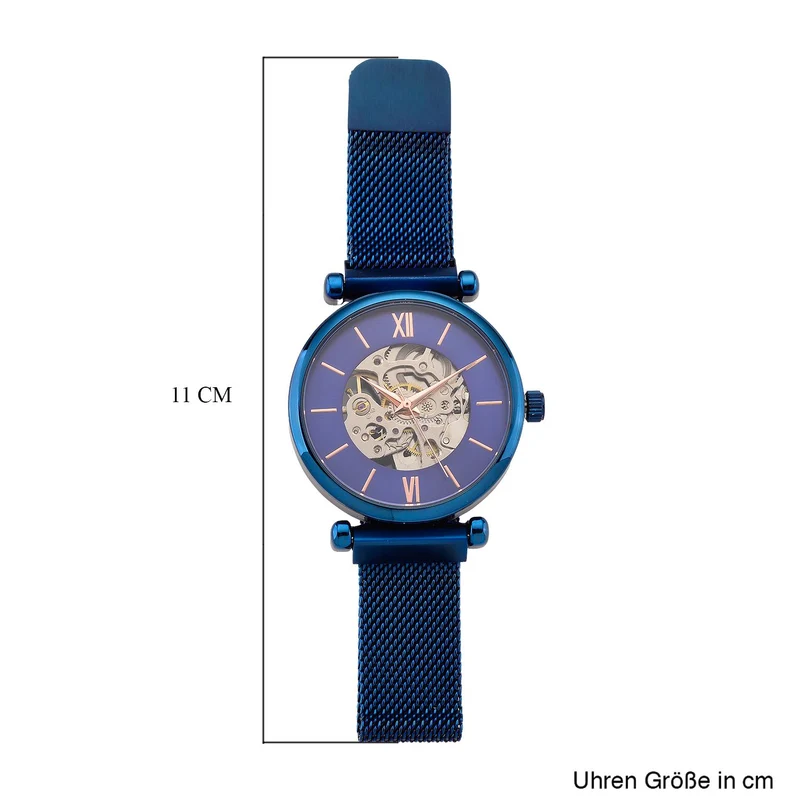 GENOA TIME V2 Automatik-Mechanische Uhr, 37mm, IPG-Beschichtung, Weißes Sonnenschliff-Zifferblatt, Edelstahl-Mesh-Armband mit Magnetverschluss, Edelstahl-Gehäuseboden mit Glas, Wasserdicht, Roséfarben