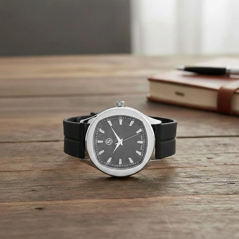 STRADA - Uhr mit japanischem Uhrwerk, silbernem Gehäuse und schwarzem Silikonarmband